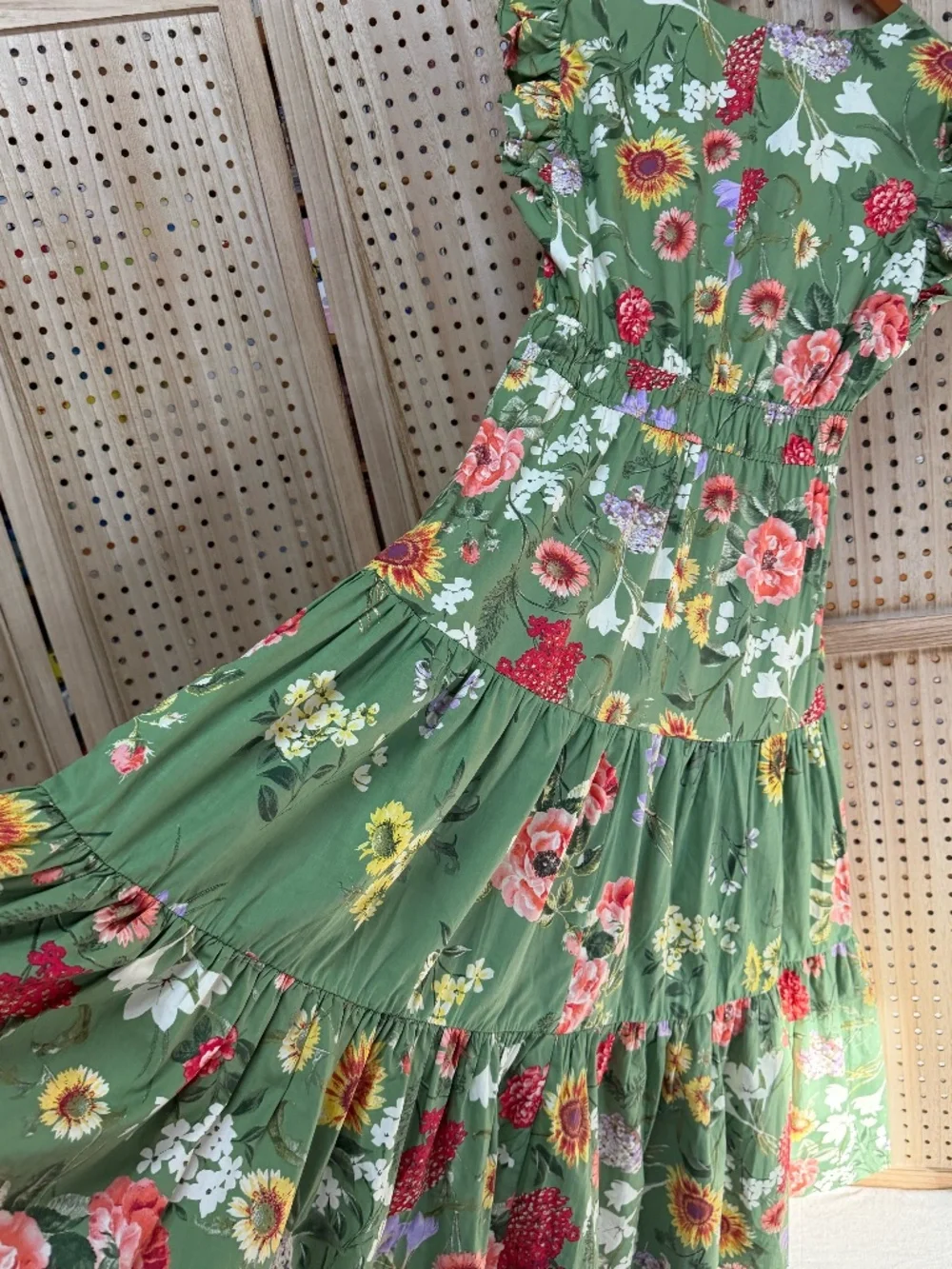 Anne Klein Green Floral Tiered Midi Dress Cottagecore Garden Party Large - Picture 9 of 13